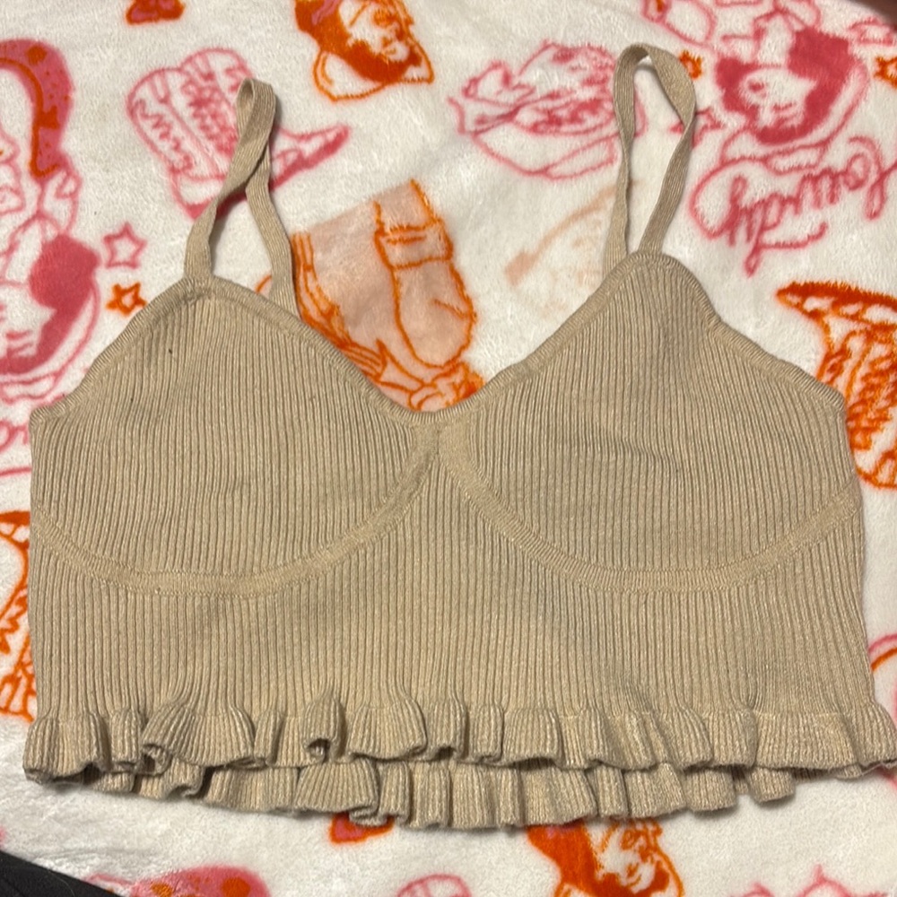 Tan Ribbed Crop Top with Ruffle Hem